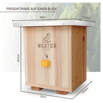 Braune Pappschachtel mit der Aufschrift "HUMMEL HOTEL" und einer Hummel auf einer Blume, mit Symbolen für Nachhaltigkeit und Aufhängungsanweisungen.