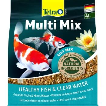 Verpackung von Tetra Pond Multi Mix Fischfutter mit bunten Koi-Fischen, mit dem Text "Gesunde Fische & klares Wasser" und "Keine Konservierungsstoffe hinzugefügt."