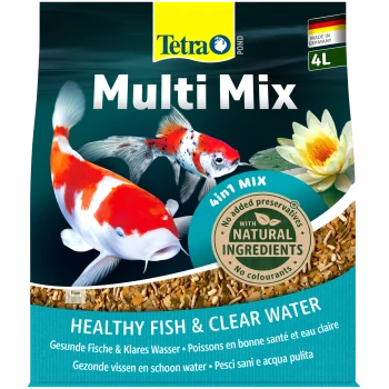 Verpackung von Tetra Pond Multi Mix Fischfutter mit bunten Koi-Fischen, mit dem Text "Gesunde Fische & klares Wasser" und "Keine Konservierungsstoffe hinzugefügt."