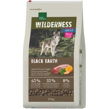 Opakowanie karmy dla psów Real Nature Wilderness 'Black Earth', 12 kg, Adult Maxi >25 kg, z wizerunkiem wilka, wołowina ze strusiem i bawołem, 65%/35%/0%.