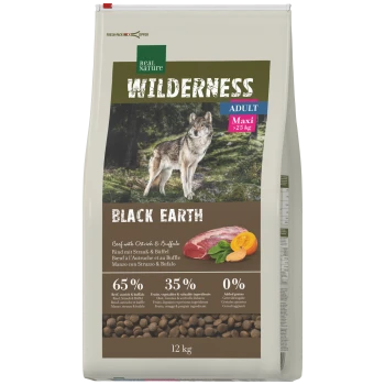Sac de nourriture pour chiens Real Nature WILDERNESS Black Earth avec image d'un loup ; Adult Maxi >25 kg ; 65 % viande, 35 % fruits/légumes ; 12 kg.