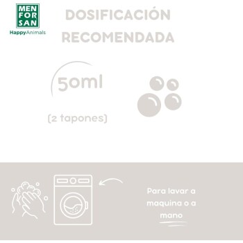 Bild zeigt Dosierungsanweisungen für ein Haustierreinigungsprodukt, das 50 ml (2 Kappen) für Maschinen- oder Handwäsche empfiehlt.