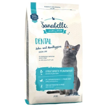 Ein 20 kg Beutel Sanabelle Dental Katzenfutter mit einer grauen Katze auf der Vorderseite, mit Text, der die Vorteile der Zahnpflege und die Inhaltsstoffe hervorhebt.