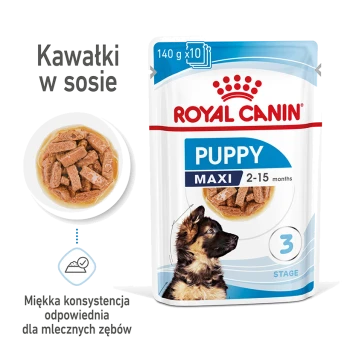Mokra karma Royal Canin Puppy Maxi dla szczeniąt w wieku 2-15 miesięcy, z miękkimi kawałkami w sosie, z wizerunkiem psa i szczegółami odżywczymi.