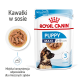 Mokra karma Royal Canin Puppy Maxi dla szczeniąt w wieku 2-15 miesięcy, z miękkimi kawałkami w sosie, z wizerunkiem psa i szczegółami odżywczymi.