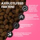 Nahaufnahme brauner Axolotl-Pellets neben einem rosa Feld mit der Aufschrift ‚AXOLOTLFEED FAKTEN!‘ mit deutschen Merkmaltexten und Symbolen