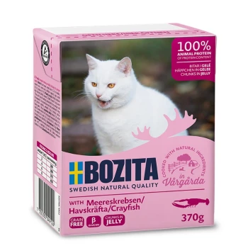 Katzenfutterverpackung mit einer weißen Katze, beschriftet "Bozita" mit "100% tierisches Protein" und "mit Flusskrebsen", Größe 370g.