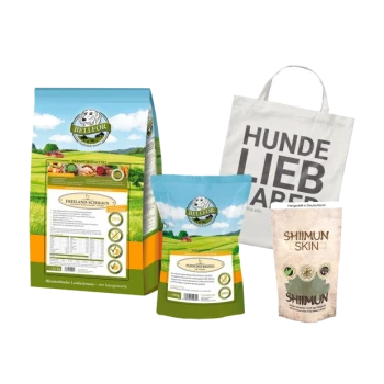 Bellfor Haustierfutterprodukte: große Tüte "FREILAND-SCHMAUS", kleinere Tüte "FLEISCHTREIBEN", "SHIIMUN SKIN" Beutel und Tasche mit "HUNDE LIEB HABER."