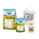 Bellfor Haustierfutterprodukte: große Tüte "FREILAND-SCHMAUS", kleinere Tüte "FLEISCHTREIBEN", "SHIIMUN SKIN" Beutel und Tasche mit "HUNDE LIEB HABER."