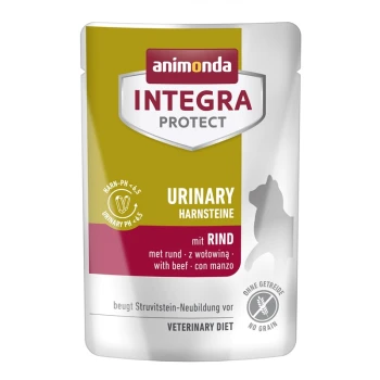 Tierfutterbeutel mit der Aufschrift "animonda INTEGRA PROTECT URINARY" in Gelb und Weiß, entworfen für die Harnwegsgesundheit mit Rindfleisch.