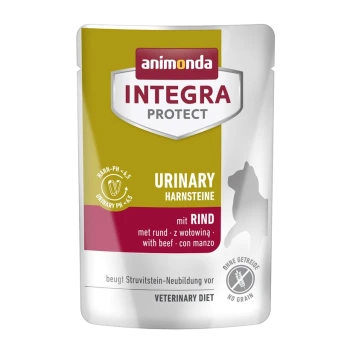 Tierfutterbeutel mit der Aufschrift "animonda INTEGRA PROTECT URINARY" in Gelb und Weiß, entworfen für die Harnwegsgesundheit mit Rindfleisch.