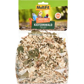 Pine Forest Bedding 250 g MultiFit bedding for small pets, labeled "KIEFERNWALD," featuring a mix of wood shavings and leaves, 250g, 100% natural.