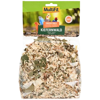 Literie MultiFit pour petits animaux, étiquetée "KIEFERNWALD," composée d'un mélange de copeaux de bois et de feuilles, 250g, 100% naturel.