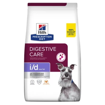 Hill's Prescription Diet Digestive Care i/d fettarmer Hundefutterbeutel, mit einem lila-weißen Design und dem Text 'Vom Tierarzt empfohlen.'