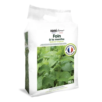 Sac blanc de foin à la menthe pour petits animaux, étiqueté "Foin à la menthe Spécial rongeurs," avec un design de feuille verte et le texte "20 L."
