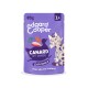 Sachet violet Edgard & Cooper 85 g pour chats (1+) étiqueté « Canard et Dinde en sauce, Avec du vrai canard » avec un chat cartoon souriant.
