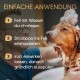 Eine Person, die sanft das Fell eines Hundes wäscht, mit Textanweisungen auf Deutsch: "EINFACHE ANWENDUNG" und Schritten zur Anwendung.