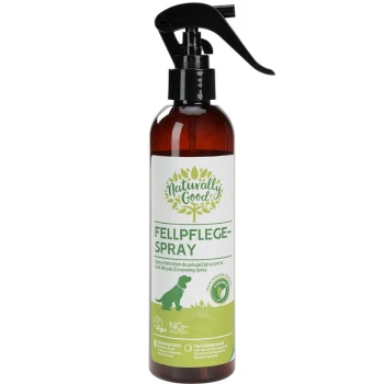Braune Sprühflasche mit der Aufschrift "Naturally Good Fellpflege-Spray" für die Haustierpflege, mit einem grünen Logo und einer Silhouette eines Hundes.