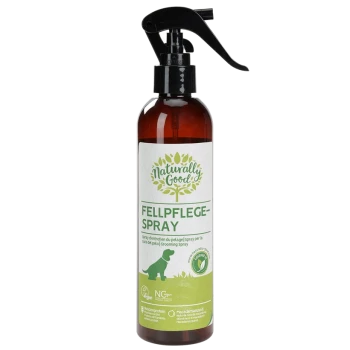 Brown spray bottle labeled "Naturally Good Fellpflege-Spray" for pet grooming, featuring a green logo and a silhouette of a dog.