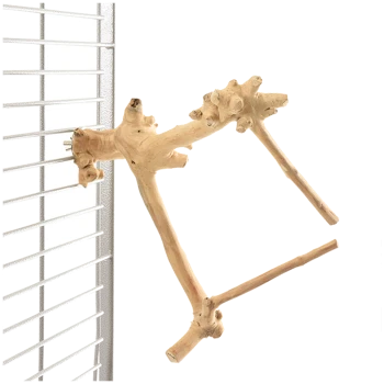 Natürlicher Holzvogelstange, die an einem Metallkäfig befestigt ist, mit mehreren Ästen zum Klettern und Ausruhen.
