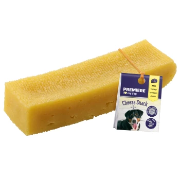 Cheese snack for dogs, featuring a textured yellow cheese block with a tag that reads "Premiere I love my dog Cheese Snack."
