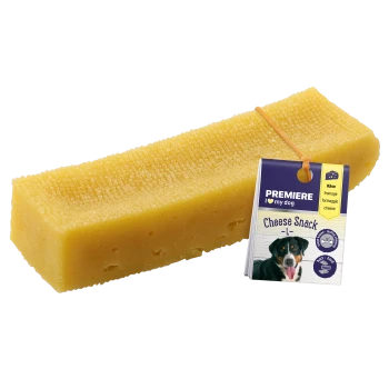 Cheese snack for dogs, featuring a textured yellow cheese block with a tag that reads "Premiere I love my dog Cheese Snack."