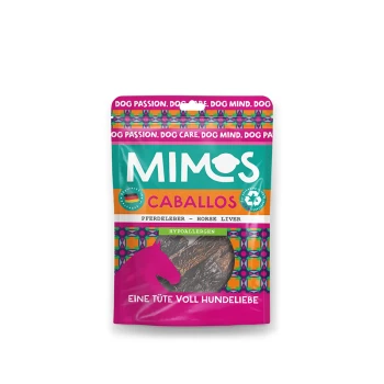 Sac de friandises pour animaux coloré étiqueté "MIMOS CABALLOS" avec du foie de cheval, "hypoallergénique," et "eine tüte voll hundeliebe."