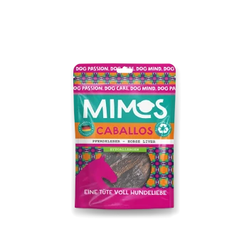 Sac de friandises pour animaux coloré étiqueté "MIMOS CABALLOS" avec du foie de cheval, "hypoallergénique," et "eine tüte voll hundeliebe."