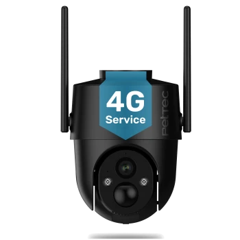 Schwarze PetTec 4G Service-Haustierkamera mit zwei Antennen und sichtbarer Linse und Sensoren.