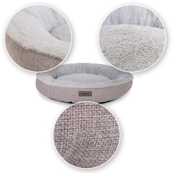 Rundes graues Plüsch-Tierbett mit Kunstfell-Futter, gewebtem Außenstoff und 'lionto'-Etikett; drei Nahaufnahmen.