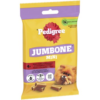 Friandises Pedigree Jumbone Mini pour petits chiens de 4 à 9 kg, saveur bœuf et volaille, oméga 3 et vitamine E, emballage recyclable.
