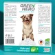 Eine Flasche GREEN HERO Floh- und Zecken-Shampoo für Hunde, mit einem glücklichen Hund auf der Vorderseite, mit Text, der Zutaten und Anwendungshinweise beschreibt.