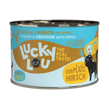 Dosenkatzenfutter mit der Bezeichnung "Lucky Lou", das Geflügel und Wild mit Apfel enthält, 200g, hergestellt in Deutschland, mit 96% Fleischanteil.