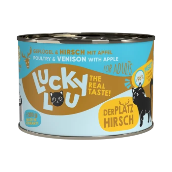 Dosenkatzenfutter mit der Bezeichnung "Lucky Lou", das Geflügel und Wild mit Apfel enthält, 200g, hergestellt in Deutschland, mit 96% Fleischanteil.