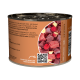 Dose Katzenfutter mit Rind, Ente, Äpfeln und Himbeeren, zeigt Zutaten und QR-Code für Fütterungsanleitung.