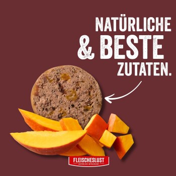 Runder Tierfutterfladen mit Kürbisstücken und Fruchtscheiben; Pfeil und Schriftzug „NATÜRLICHE & BESTE ZUTATEN.“ sowie Logo „FLEISCHESLUST“.