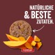Runder Tierfutterfladen mit Kürbisstücken und Fruchtscheiben; Pfeil und Schriftzug „NATÜRLICHE & BESTE ZUTATEN.“ sowie Logo „FLEISCHESLUST“.