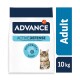 Kattenvoerzak met het label "ADVANCE ACTIVE DEFENSE" met een gewicht van 10 kg, met een afbeelding van een tabby kat en de tekst "Volwassen".