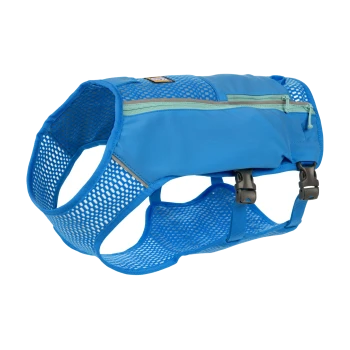 Blaues Haustiergeschirr mit Netzdesign, mit verstellbaren Riemen und Schnallen für einen sicheren Sitz.