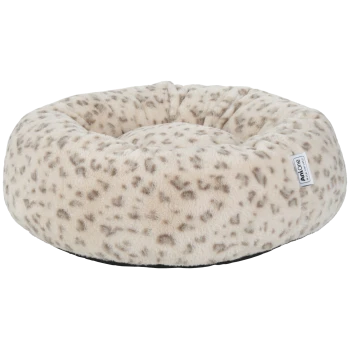 Panier rond en peluche crème à imprimé léopard avec bords surélevés et étiquette 'AniOne' visible.