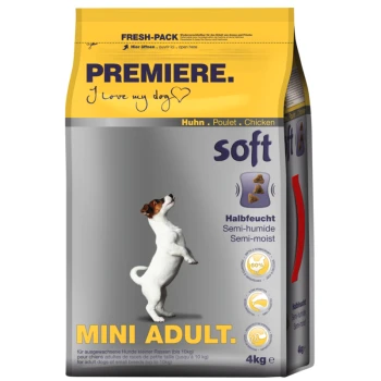 Verpackung von Hundefutter mit einem verspielten kleinen Hund, beschriftet mit "Premiere. Ich liebe meinen Hund," mit "weich" und "Mini Adult" deutlich sichtbar.