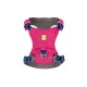 Ein leuchtend pinkfarbener Hundegeschirr mit blauen Riemen und einem grauen Innenraum, mit einem Ruffwear-Logo auf der Vorderseite.