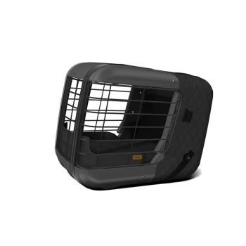 Schwarze Haustiertrage mit einer Metallgittertür, ausgestattet mit einem gepolsterten Innenraum und einem robusten Design, ideal für Reisen.
