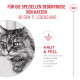 Langhaarige Katze neben deutschem Produkttext: 'Für die speziellen Bedürfnisse von Katzen ab dem 11. Lebensjahr' und 'Haut & Fell'.