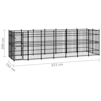 Schwarzer Metall-Haustierkäfig mit den Abmessungen 200 cm Höhe, 192 cm Breite und 672 cm Länge, mit mehreren Abschnitten.