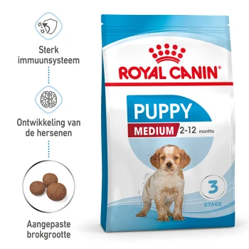 Medium Puppy 10 kg Royal Canin Medium Puppy voerzak voor pups van 2-12 maanden, met nadruk op immuunondersteuning, hersenontwikkeling en aangepaste brokjesgrootte.