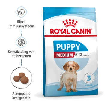 Royal Canin Medium Puppy voerzak voor pups van 2-12 maanden, met nadruk op immuunondersteuning, hersenontwikkeling en aangepaste brokjesgrootte.