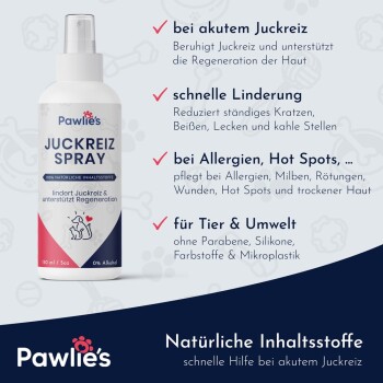 Vorher- und Nachher-Bilder der Haut eines Haustiers, die eine Verbesserung nach der Verwendung von "Anti Juckreiz Spray" zeigen, beschriftet mit "VORHER" und "NACHHER."