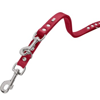 Rote Haustierleine mit silberner Hardware und dekorativen Nieten, ausgestattet mit einem stabilen Clip zur Befestigung.