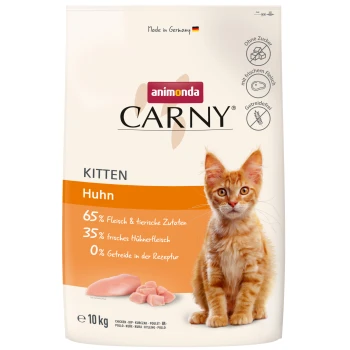 Zak Animonda Carny Kittenvoer, 10 kg, met kip als hoofdingrediënt. Belangrijke details: 65% vlees, 35% verse kip, 0% granen.